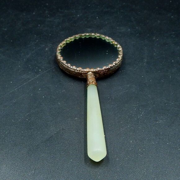 Asian Hand Mirror Lady Fishing Jade Handle Hand Painted Porcelain Top - Picture 3 of 9